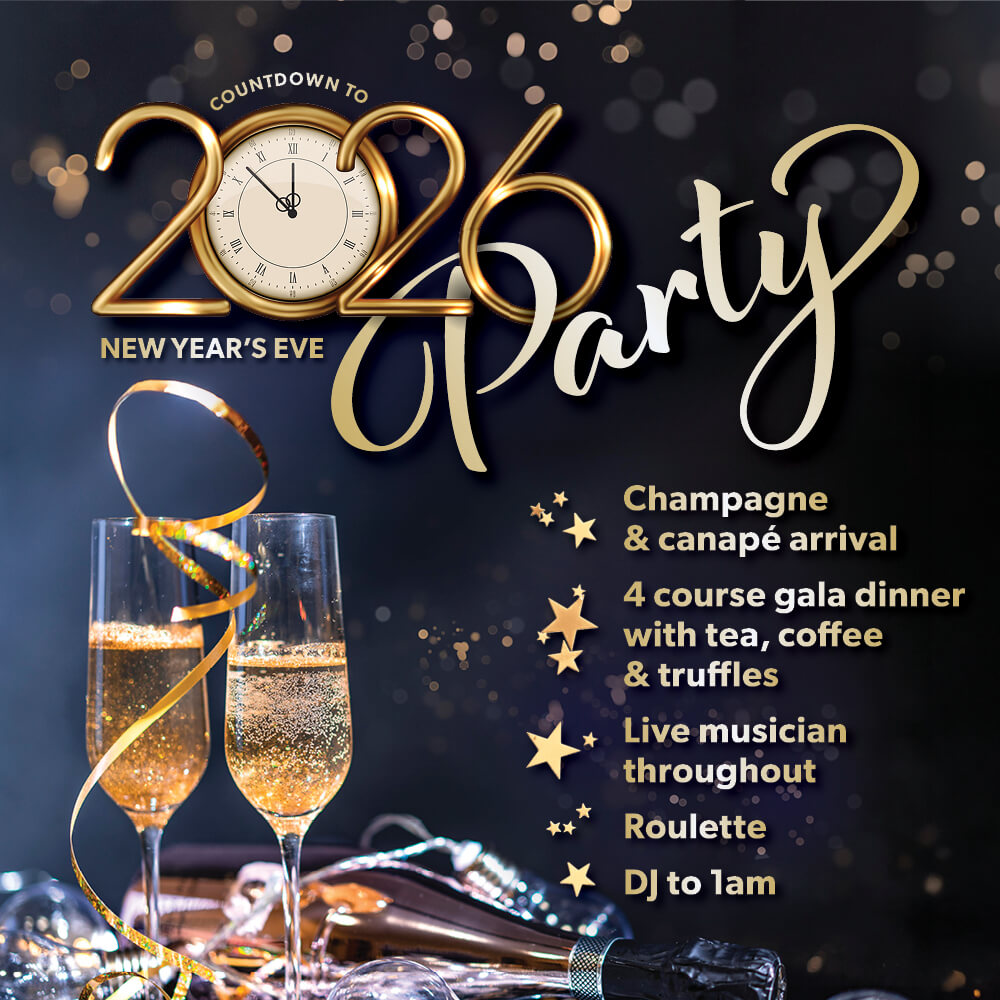 Countdown to 2026 New Year's Eve Party with clockface 10 minutes to midnight & champagne glasses